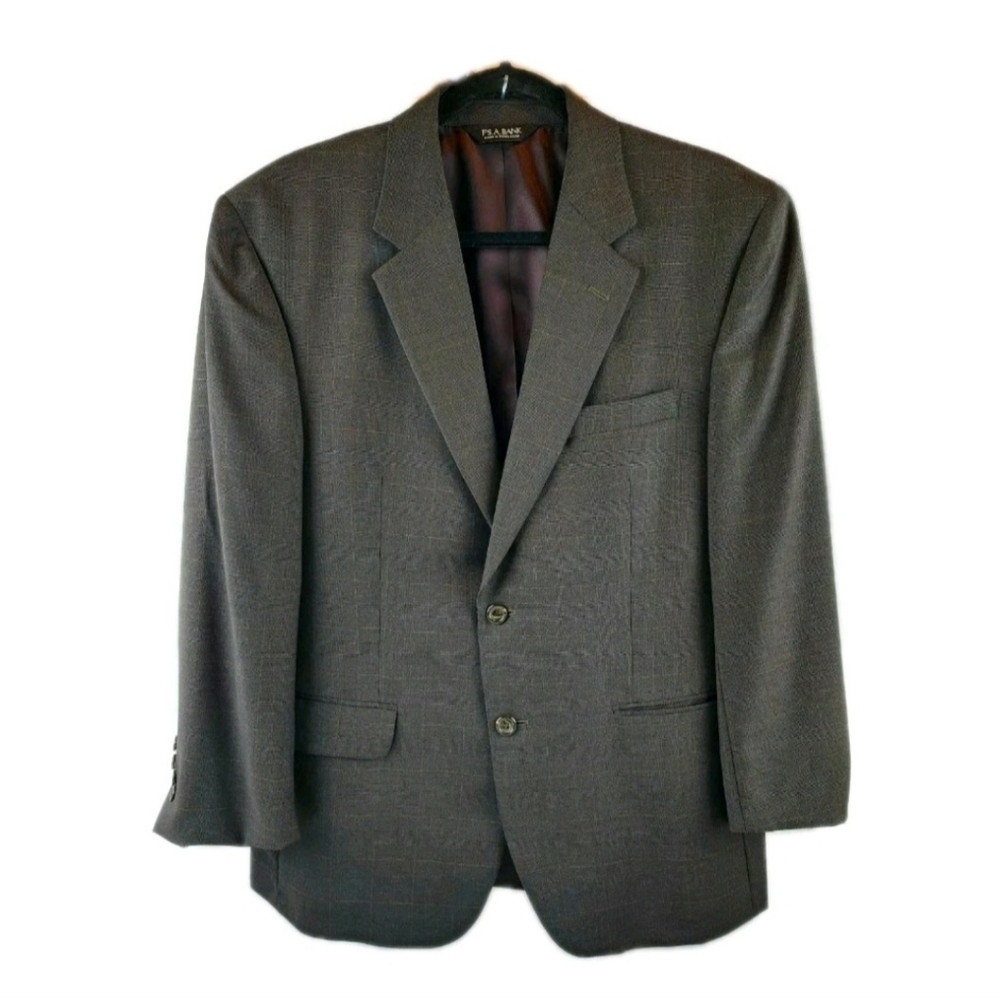 Jos A Bank Mens Brown Windowpane 100% Wool Sport Coat Suit Jacket Blazer 42S